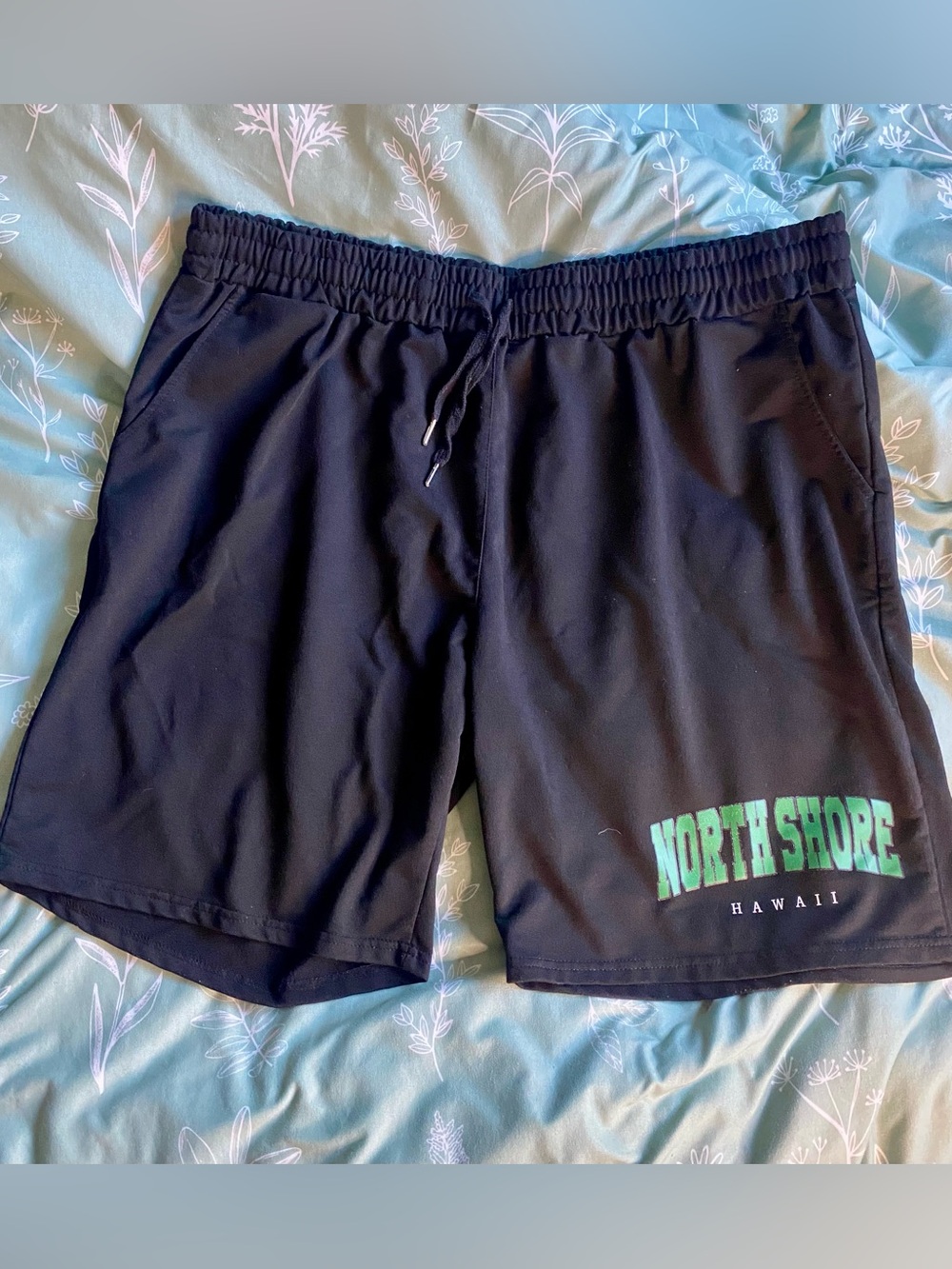 SHEIN Black Athletic Shorts with Green 'North Shore' Print